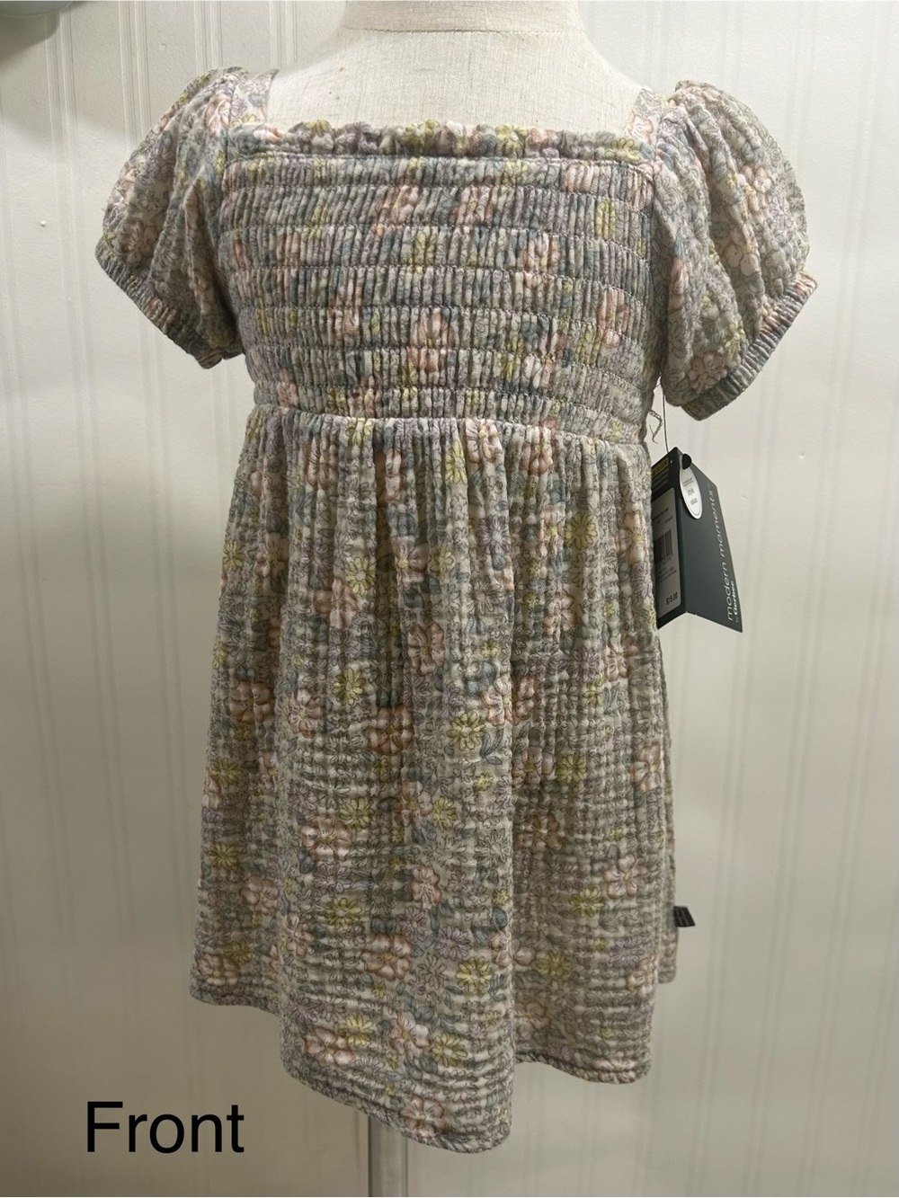 Gerber Smocked Puff-Sleeve Floral Dress - Gray with Pink & Green Accents